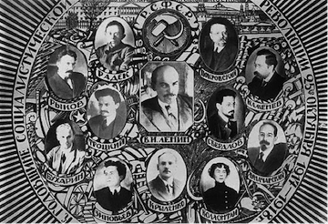 Top row from left: Rykov, Radek, Pokrovskii, Kamenev, Bukharin, Trotsky, Lenin, Sverdlov, Lunacharskii, Zinoviev, Krylenko, Kollontai